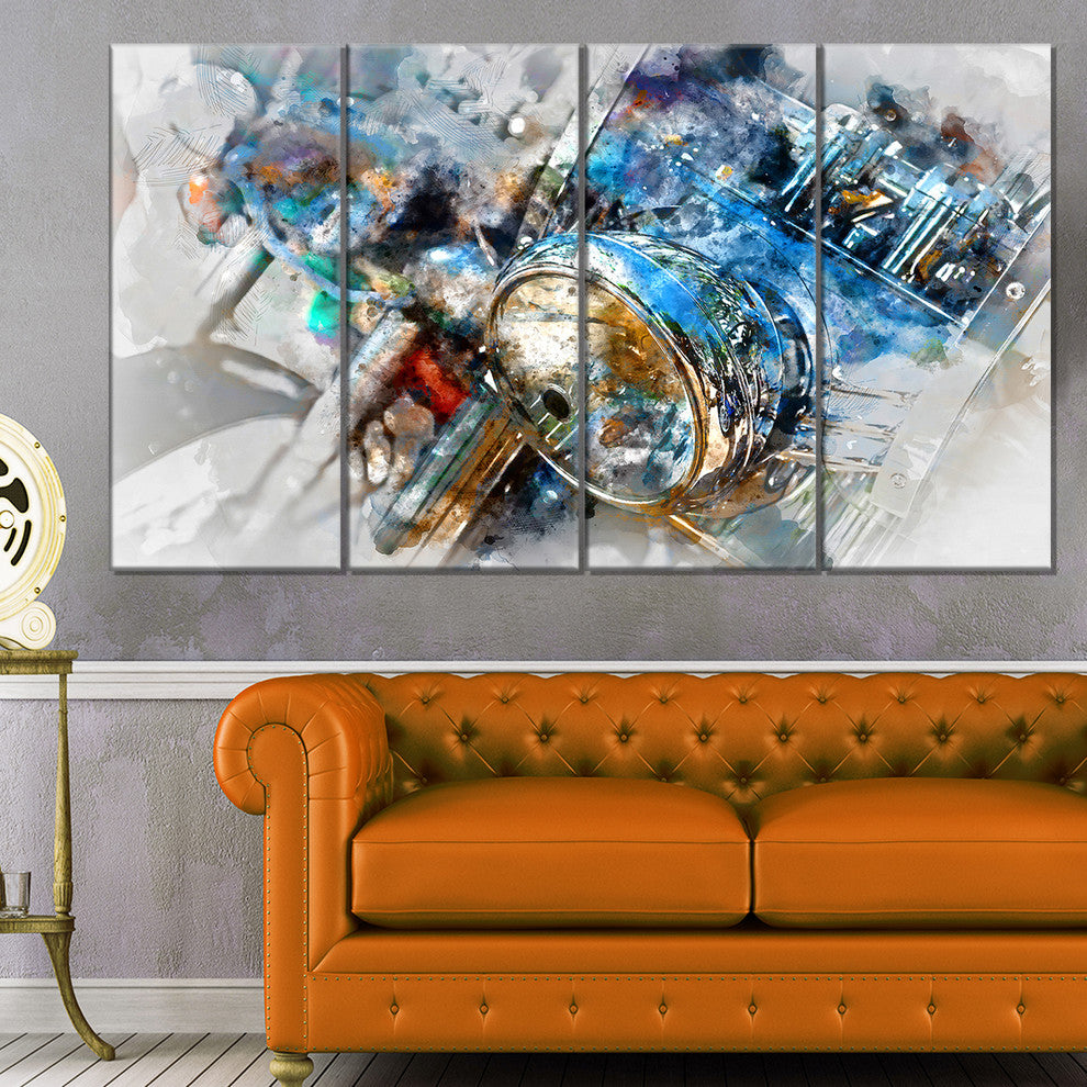 Motorcycle Headlight Watercolor, Contemporary Canvas Print, 48"x28", 4 Panels