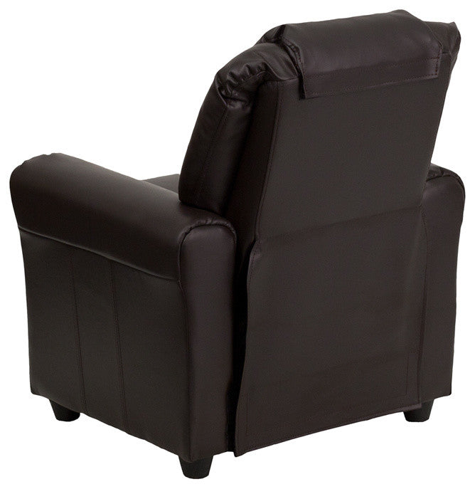 Contemporary Brown Leather Kids Recliner With Cup Holder and Headrest