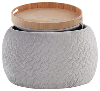 Tray Pouf, Silver Velvet, Natural Wood