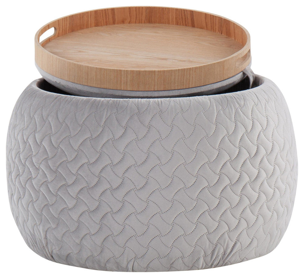 Tray Pouf, Silver Velvet, Natural Wood