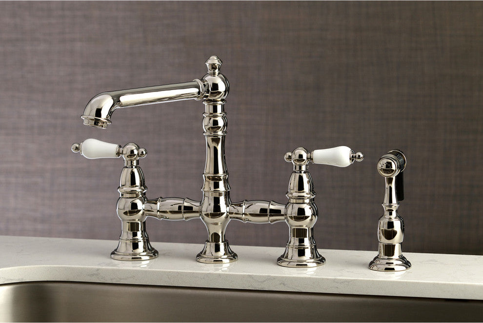 Kingston Brass Bridge Kitchen Faucet With Sprayer, Polished Nickel