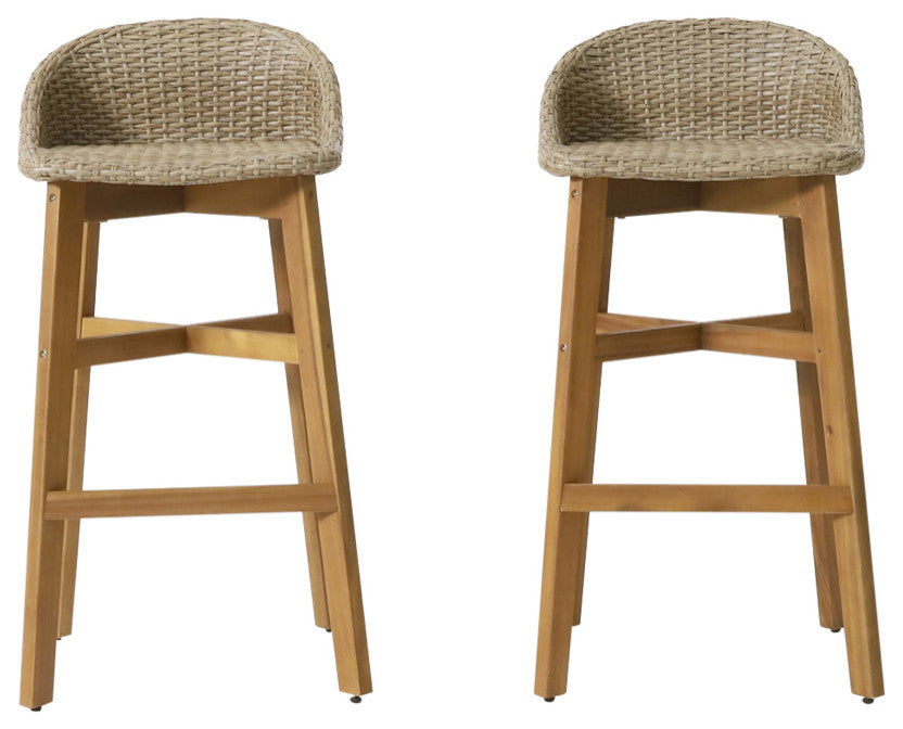 Beeson Outdoor Wicker and Acacia Wood 30" Barstools, Set of 2