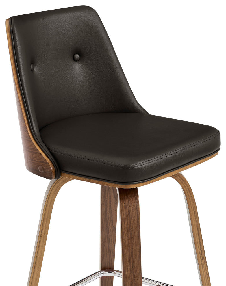 Nolte 30" Swivel Bar Stool in Brown Faux Leather and Walnut Wood
