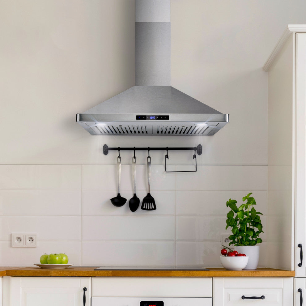 4-Piece, 30" Gas Range, Wall Mount Range Hood, Dishwasher and Refrigerator
