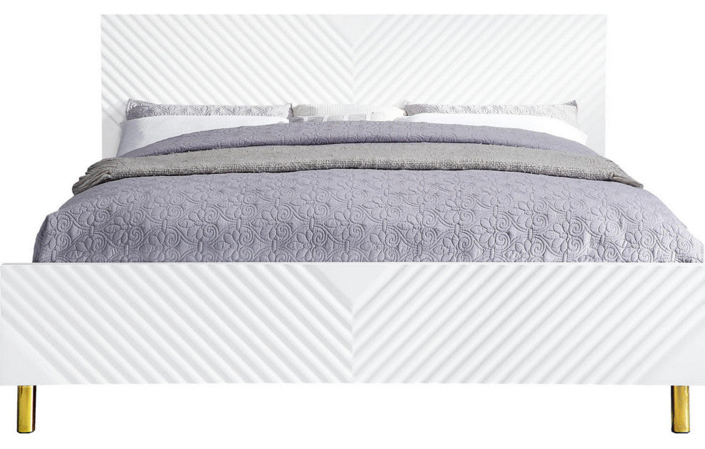 Benzara BM284040 Modern Wood King Bed, Panel Headboard, Chevron, White, Gold