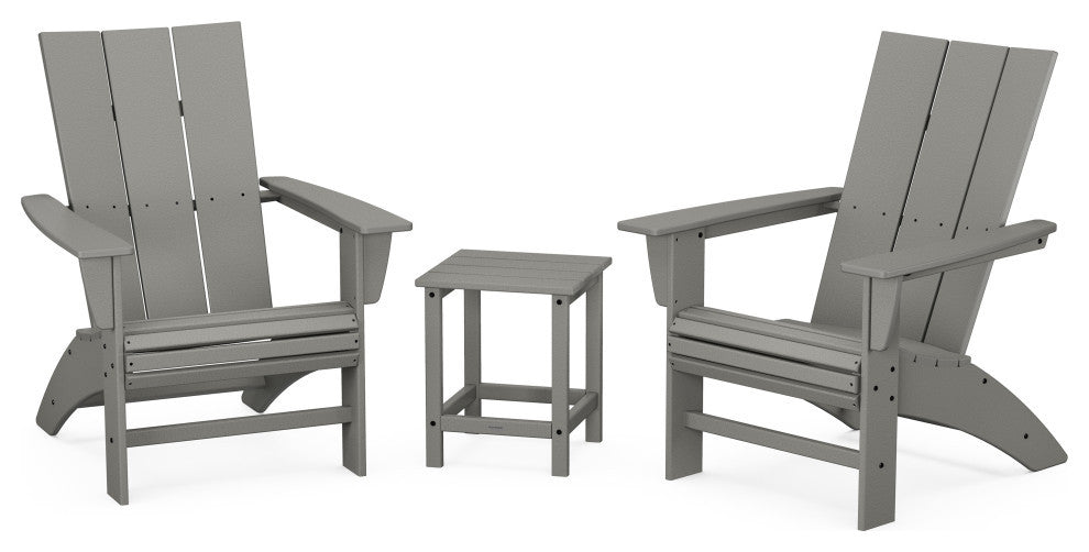 Modern 3-Piece Curveback Adirondack Set, Long Island 18" Side Table, Slate Grey