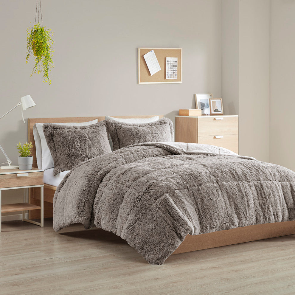 Intelligent Design Malea Shaggy Faux Fur Comforter Mini Set, Grey