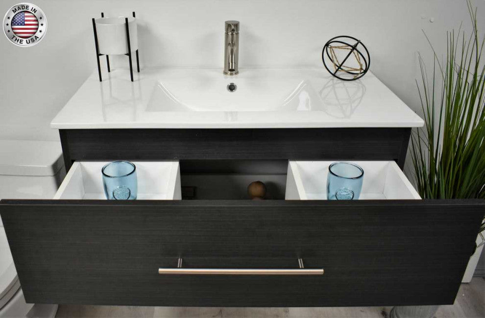 Napa 36" Modern Floating Bathroom Vanity With Ceramic Top and Round Handles, Black Ash