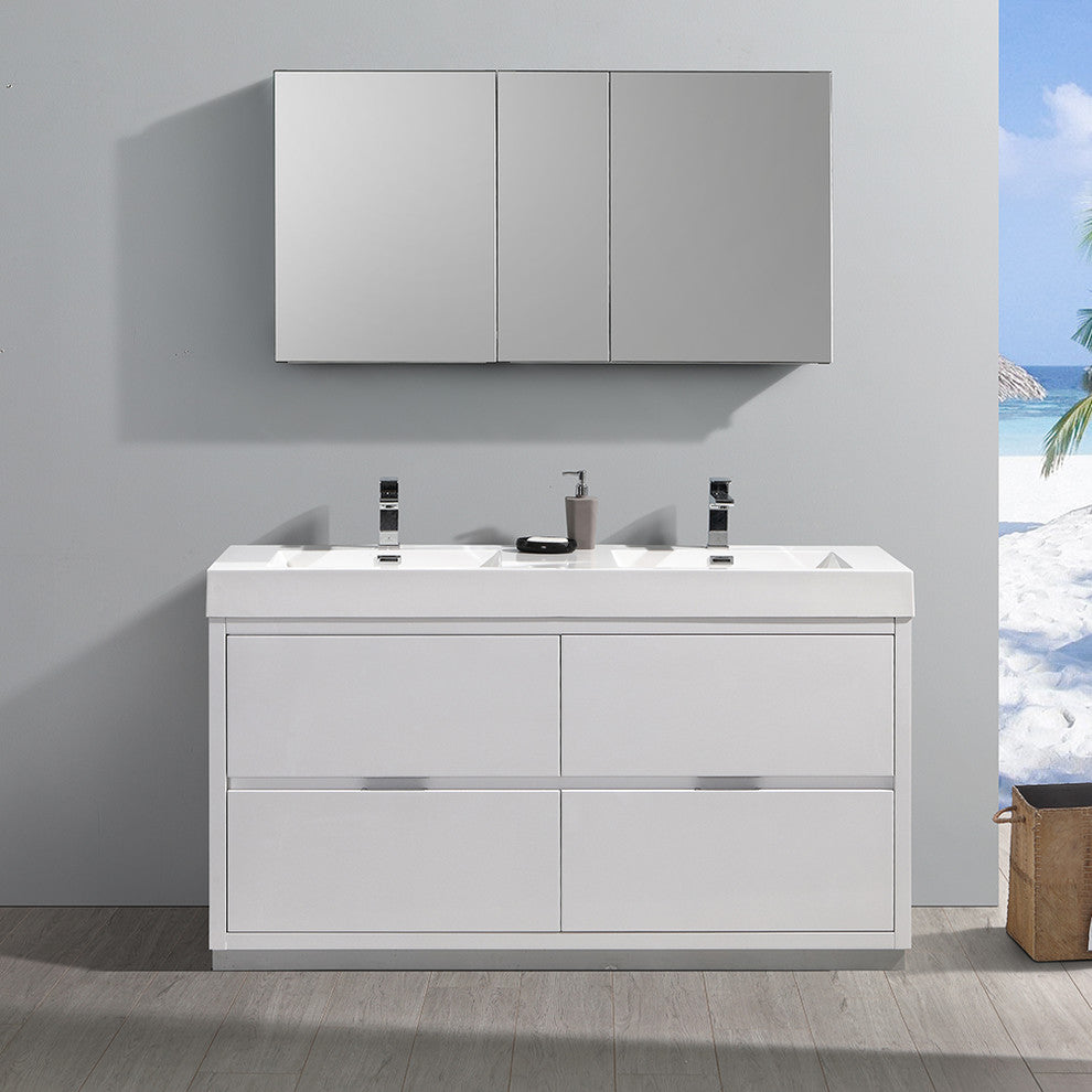 Valencia 60" Glossy White Free Standing Double Sink Vanity, Faucet FFT1040CH
