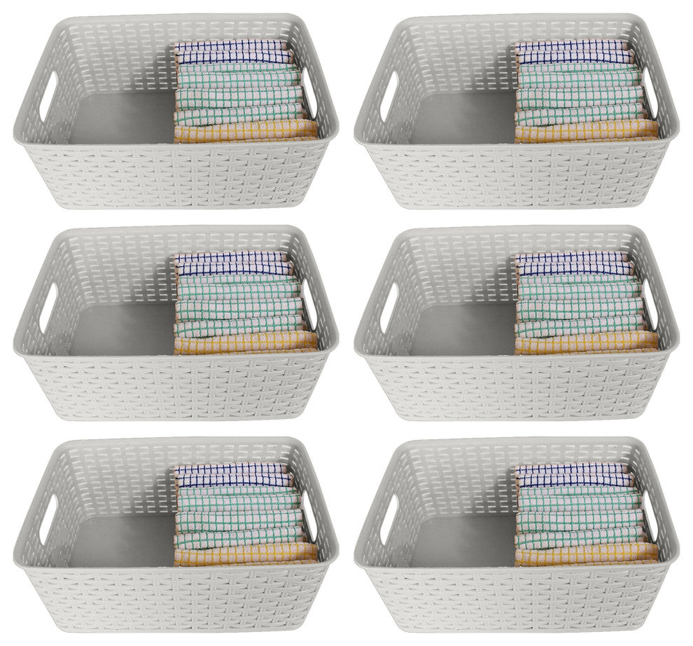 Plastic Rattan Storage Box Basket Organizer, Gray, Medium-Pack of 6