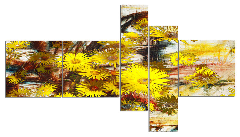 Yellow Flowers Watercolor Illustration, Floral Canvas Print, 60"x32", 5 panels