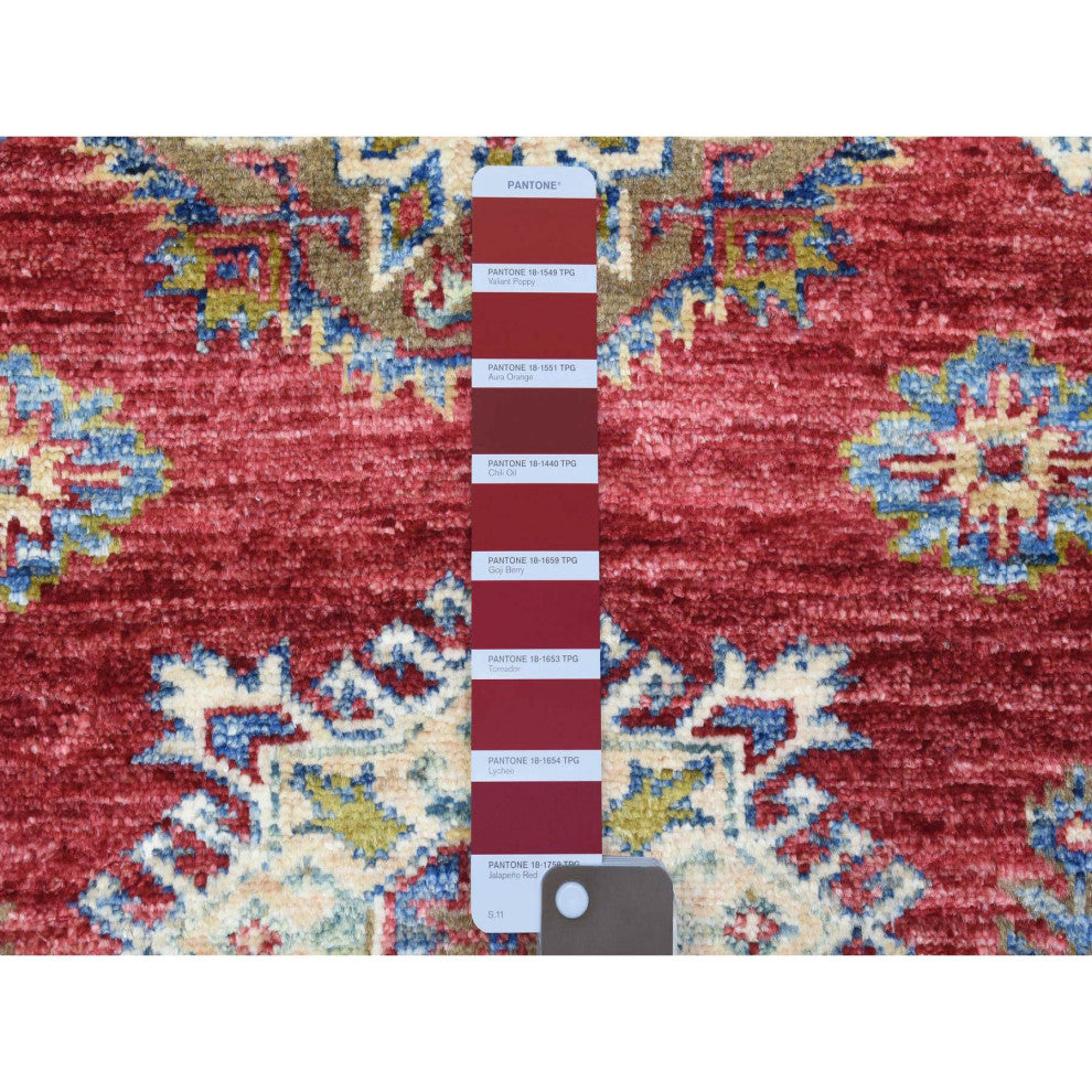 Rich Red Hand Knotted Kazak With Geometric Medallions Wool Runner Rug, 3'1"x11'