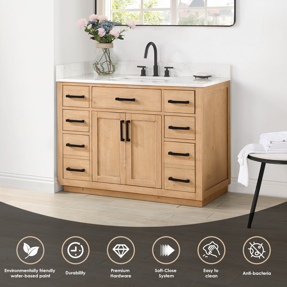 Gavino Vanity With Grain White Composite Stone Top, Light Brown/Matte Black, 48", With Mirror