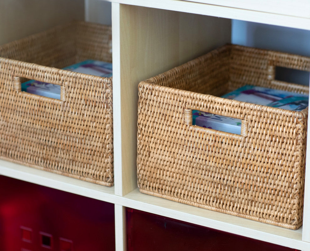 Artifacts Rattan Square Storage Basket With Handles, Honey Brown