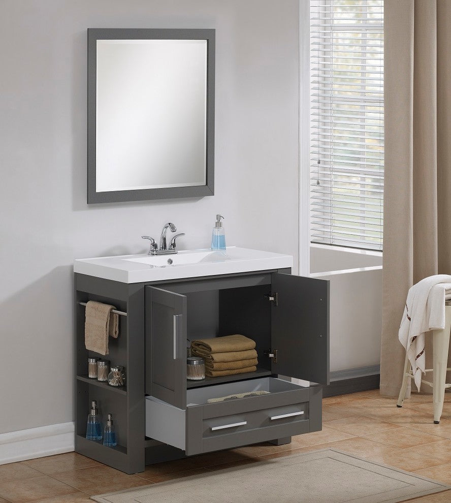36" Vanity, Slate Gray Finish With White Cultured Top, Basin