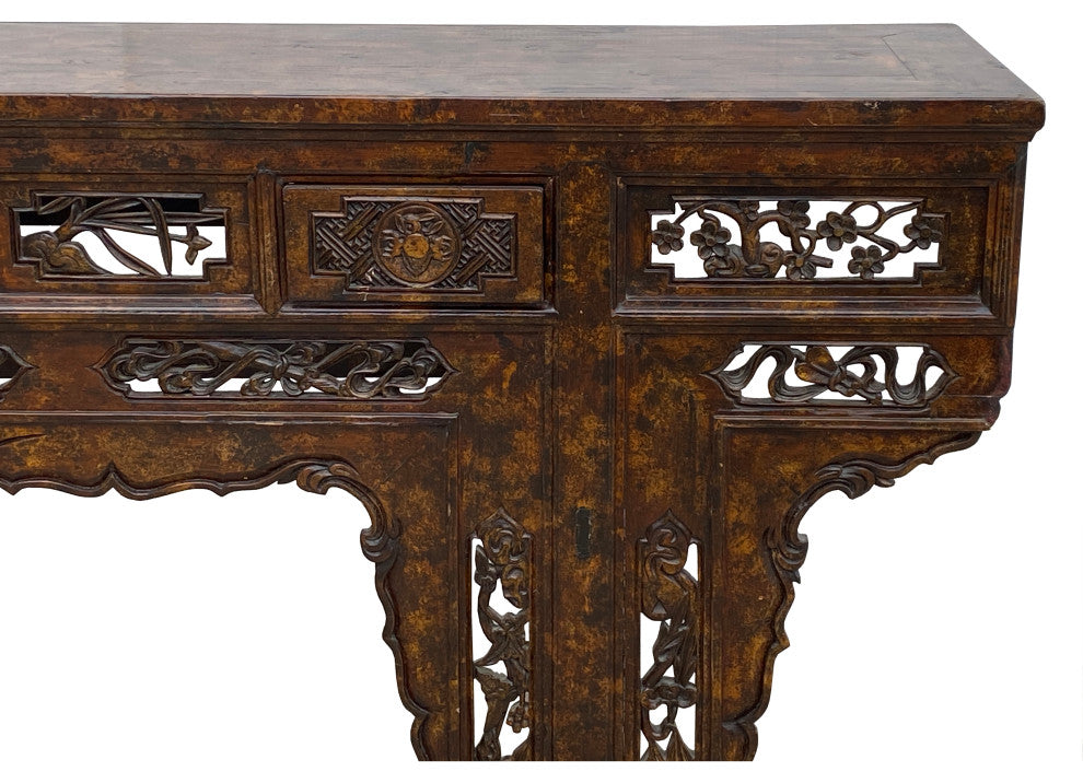 Chinese Brown Wood Open Flower RuYi Carving Apron Altar Console Table Hcs7802