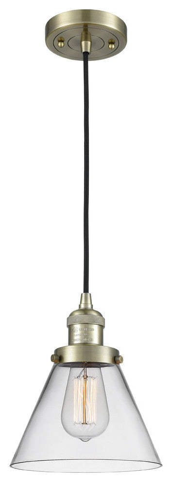1-Light Large Cone 8" Pendant, Antique Brass, Glass: Clear