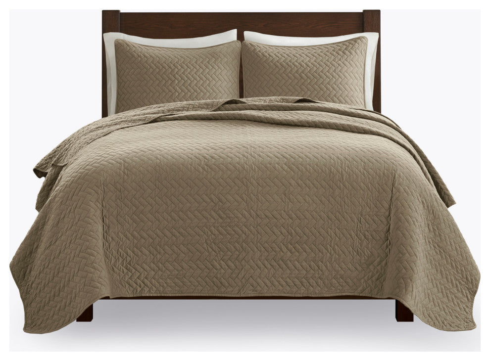 Hampton Hill Velvet Touch Herringbone Oversize 3-Piece Coverlet, Brown, Queen