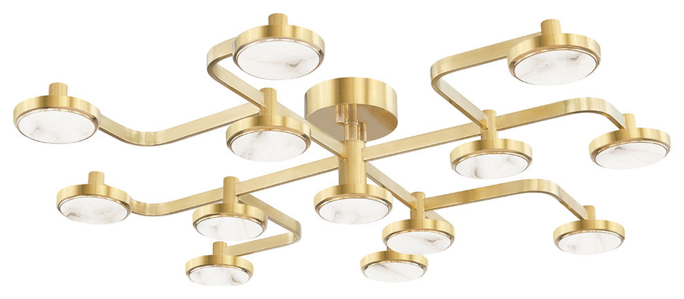 Meander 13-Light LED Chandelier, Aged Brass Frame, White Diffuser