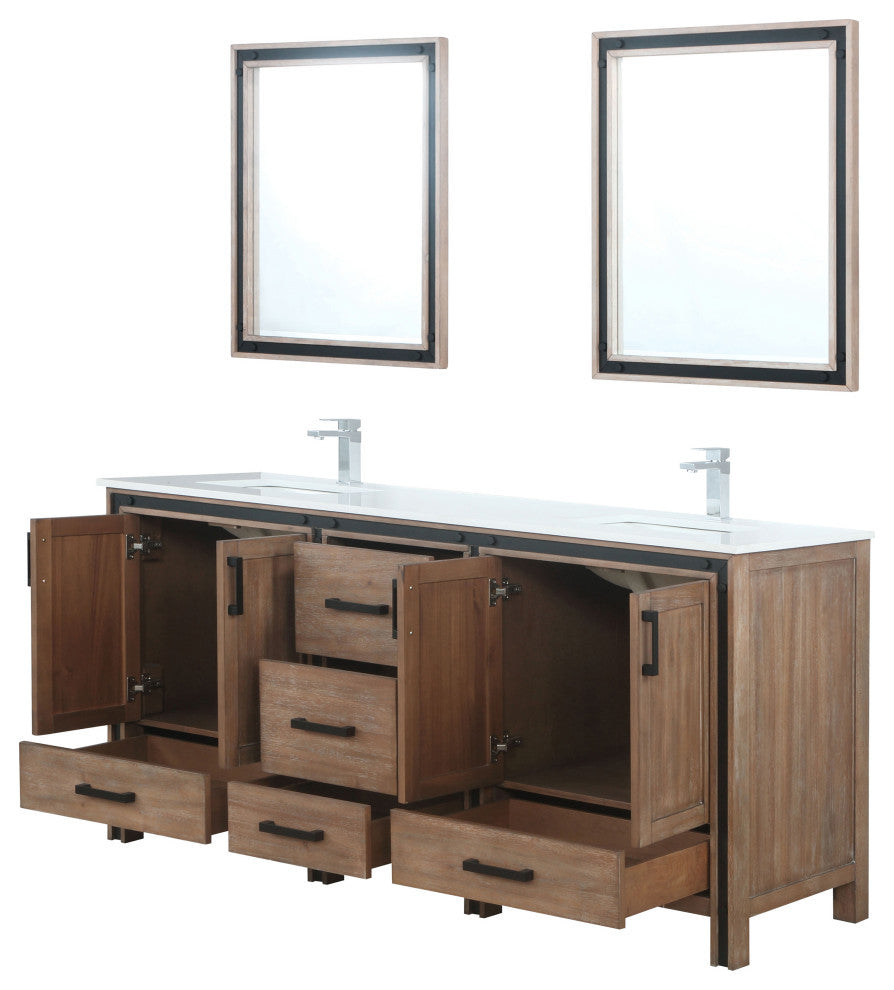 Ziva 72 Barnwood DB Vanity, Cultured Marble Top, Square Sink, 30 Mirrors, Faucet