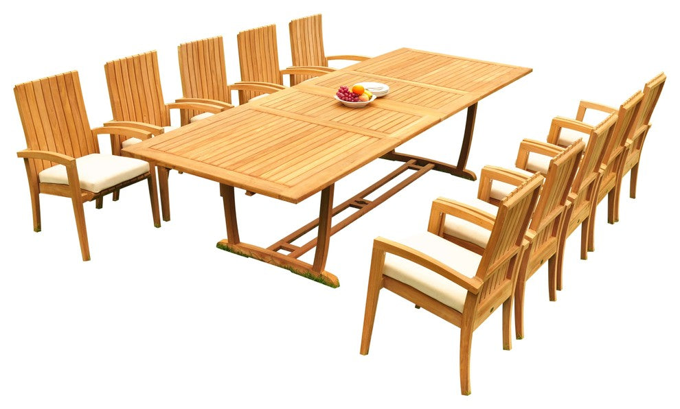 11-Piece Outdoor Teak Dining: 117" Masc Rectangle Table, 10 Goa Stacking Chairs