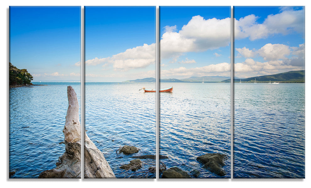 "Small Wooden Boat and Tree Trunk" Seashore Wall Art, 4 Panels, 48"x28"
