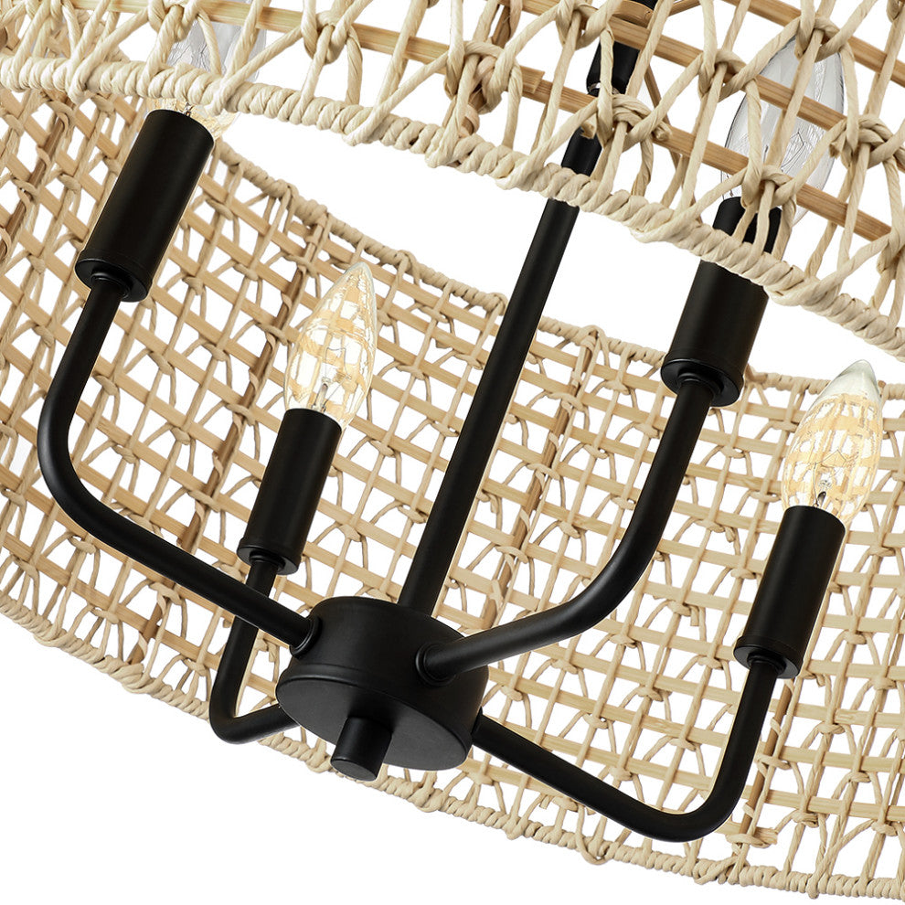 20" 4-Light Rattan Drum Chandelier Light With Black Canopy