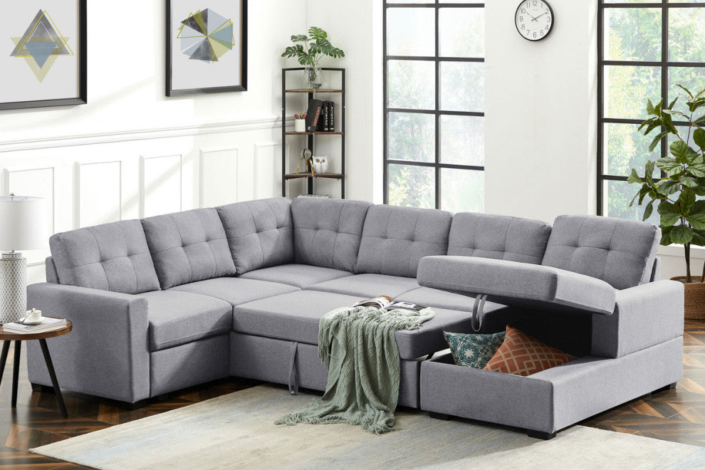 Selene Light Gray Linen Fabric Sleeper Sectional Sofa With Storage Chaise