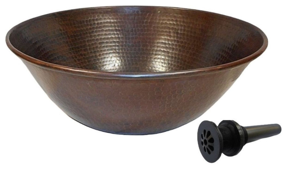 14" Rustic Round Hand Hammerd Copper Vessel Bathroom Sink Drain Included