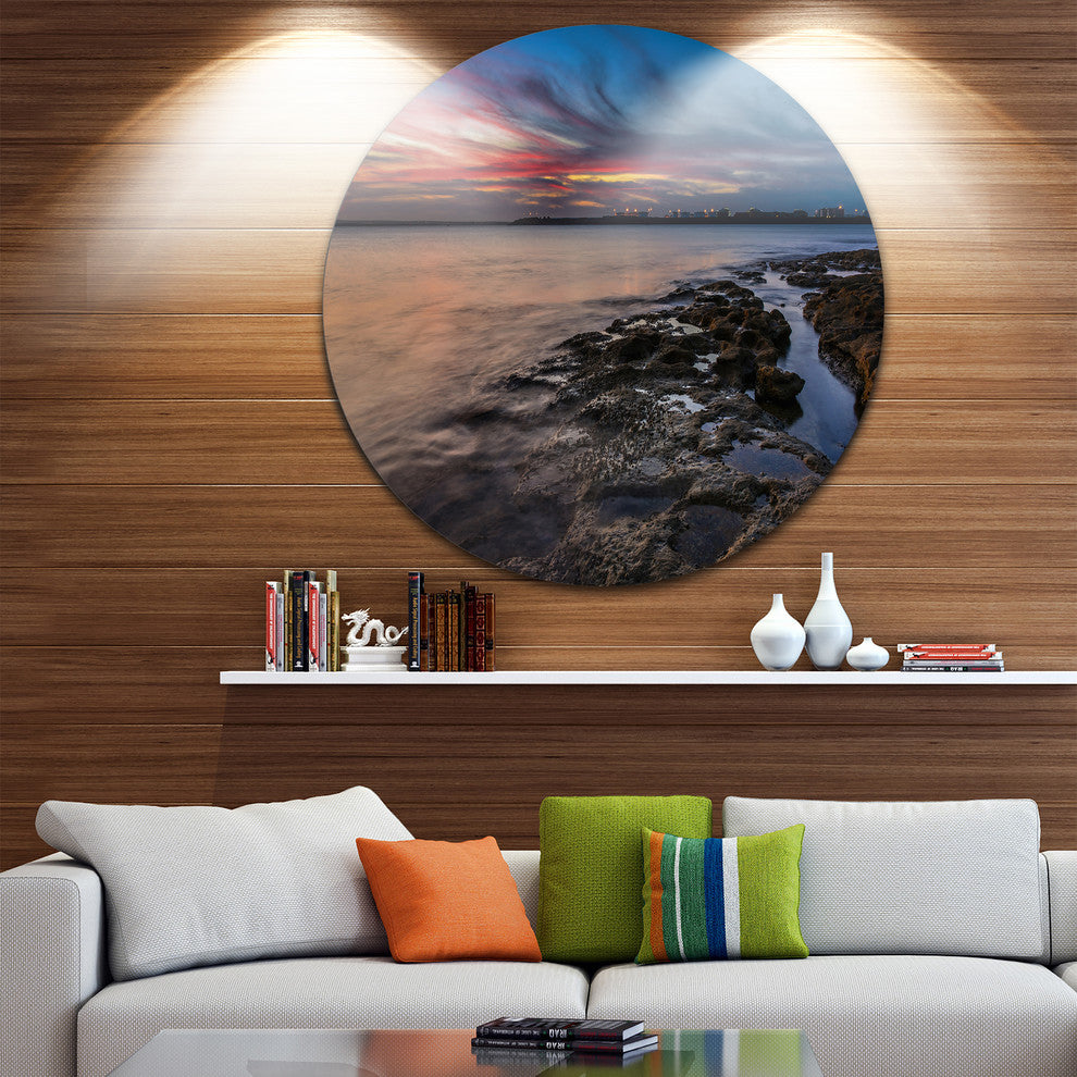 Colorful Sky And Dark Rocky Sydney Coast, Seashore Round Wall Art, 23"