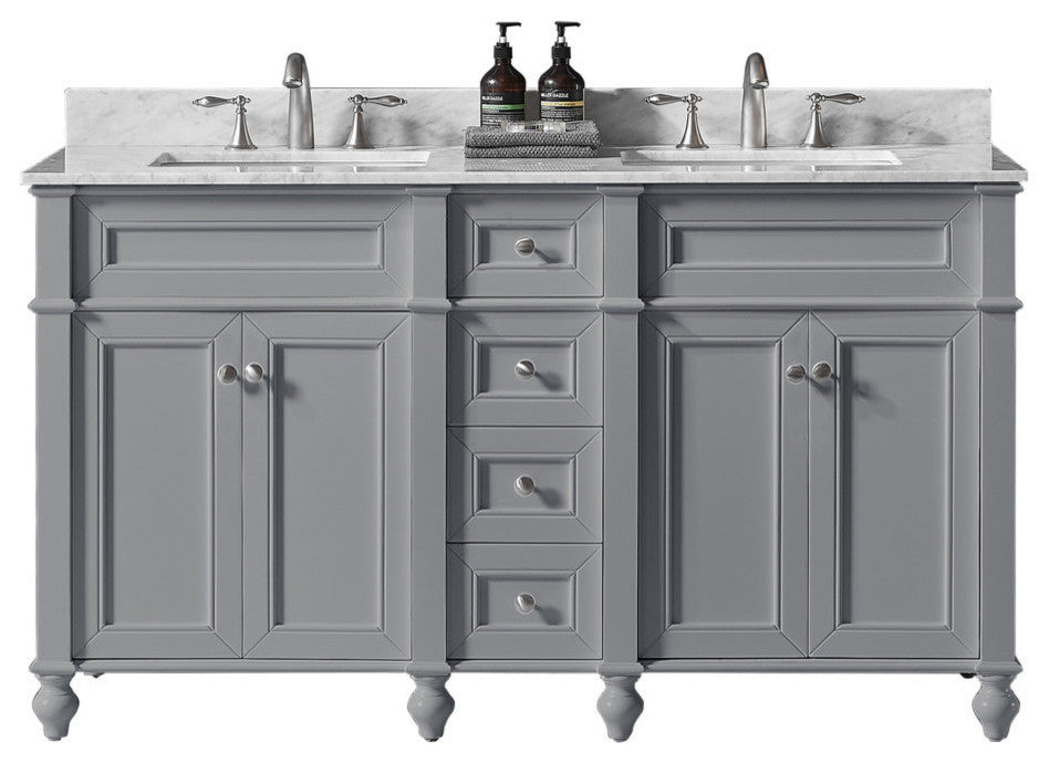60" Double Bathroom Vanity, Taupe Gray with Carrara White Marble Top
