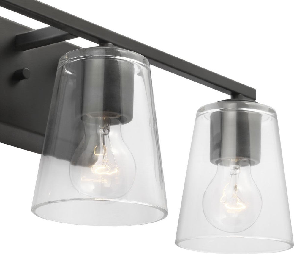 Vertex Collection Three-Light Matte Black Clear Glass Contemporary Bath Light