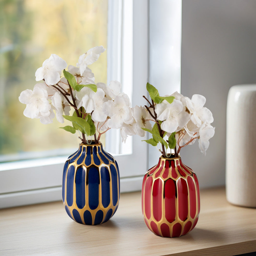 Ceramic Vase, 5"H, Set of 2, Navy/Red
