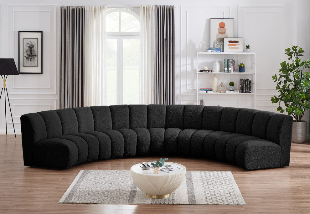Infinity Black Boucle Fabric Upholstered Arc Shaped Modular Sectional, Black, 5-Piece, Arc-Shaped