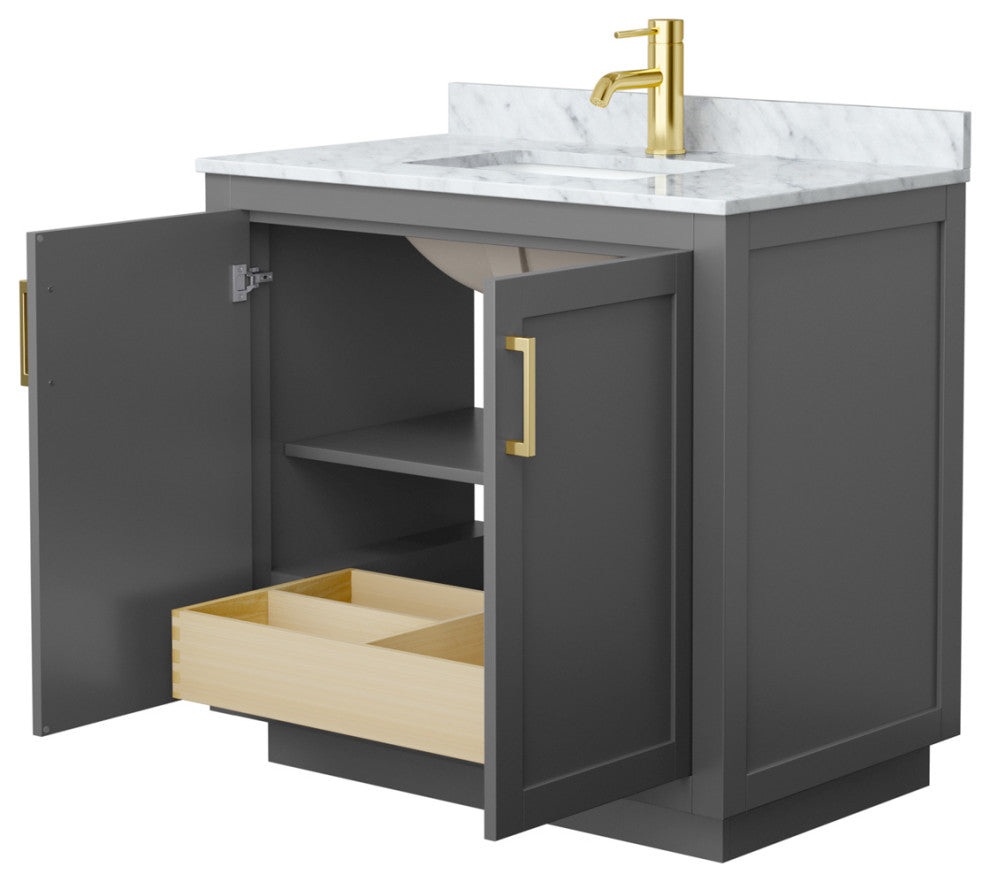 36" Single Bathroom Vanity Dark Gray, White Carrara Countertop, Sink, Gold Trim