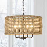 20" 4-Light Bohemian Coastal Drum Chandelier with Seagrass Hand Woven Shade