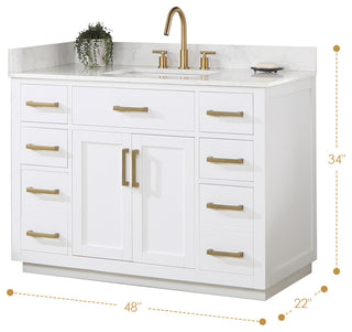 Gavino Vanity with Grain White Composite Stone Top, White/Brushed Gold, 48", No Mirror