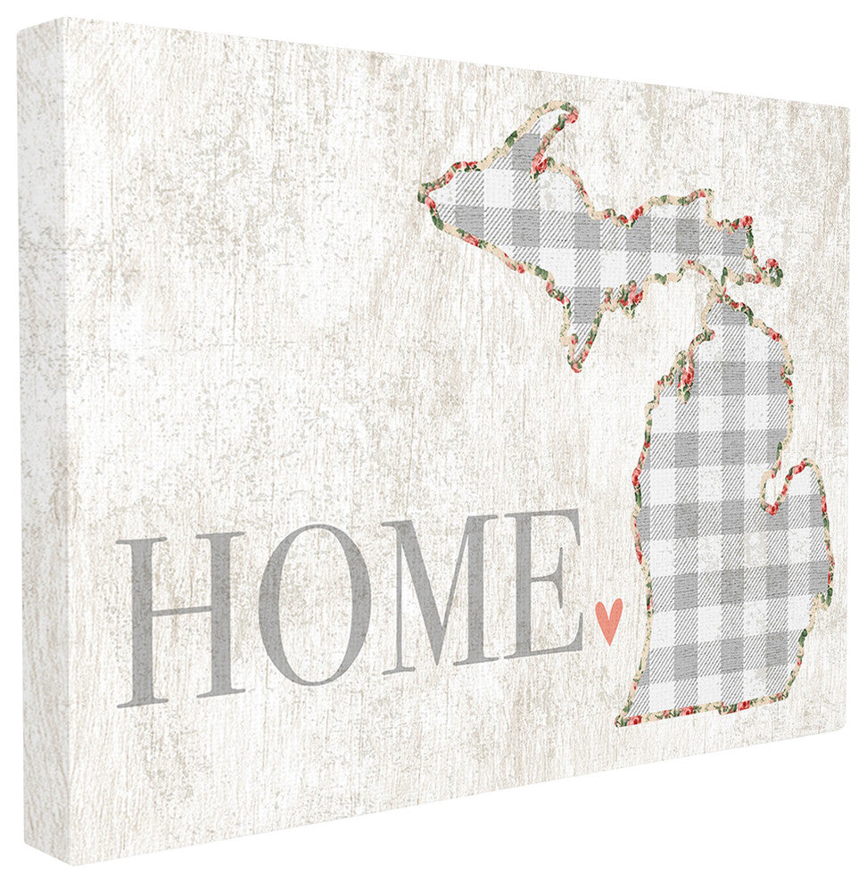 Michigan Gray Gingham & Floral Heart & Home XXL Canvas Wall Art, 30"x40"