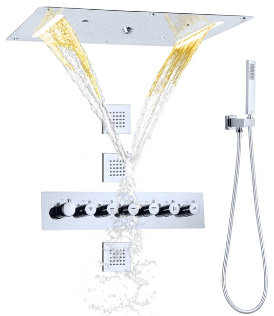 Led Mist Rainfall Shower System and Handheld Shower, Chrome Polished