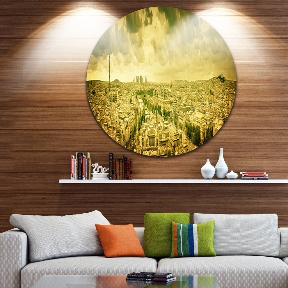 Paris Panorama With Scenic Sky, Cityscape Round Metal Wall Art, 36"