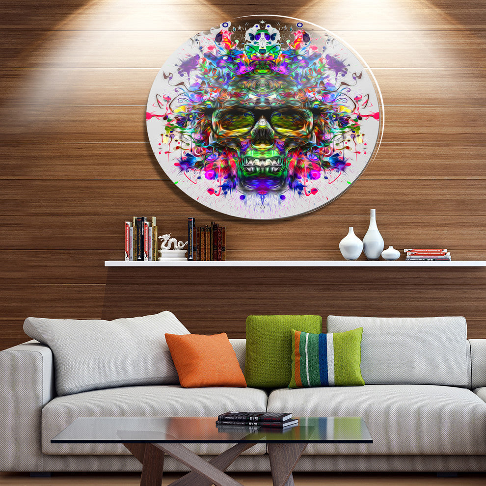 Skull With Glasses And Paint Splashes, Abstract Disc Metal Artwork, 11"