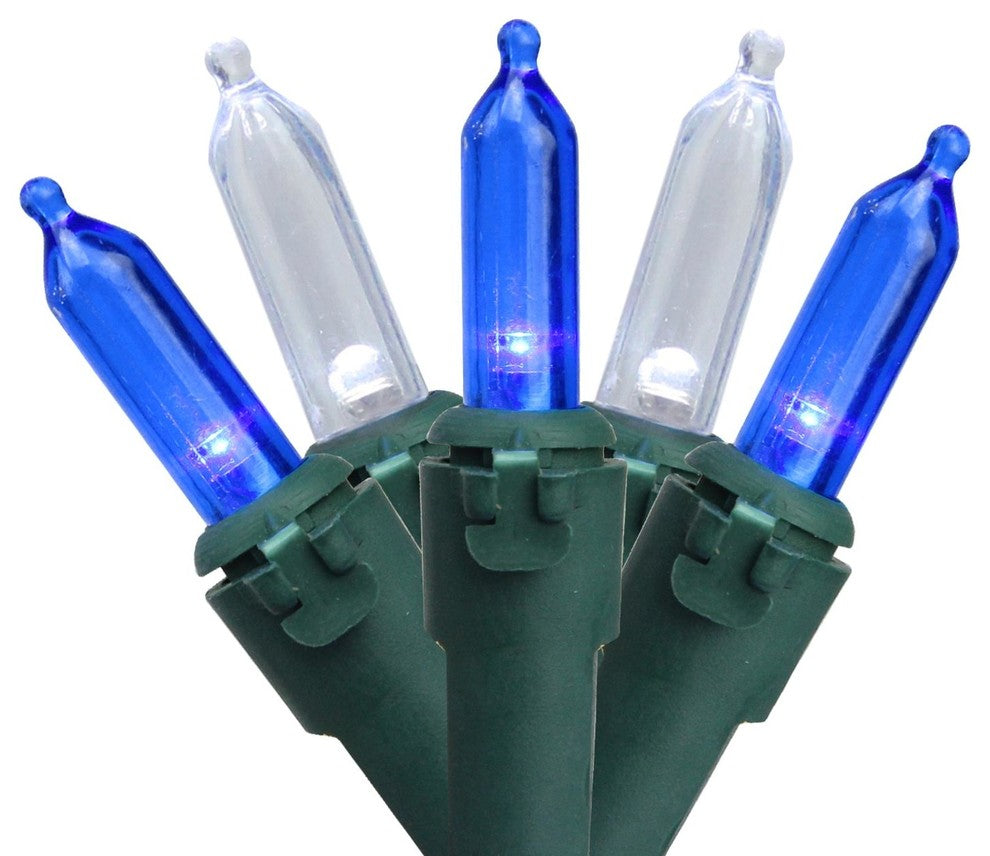 Set of 100 Blue & Pure White LED Mini Christmas Lights 4" Spacing - Green Wire
