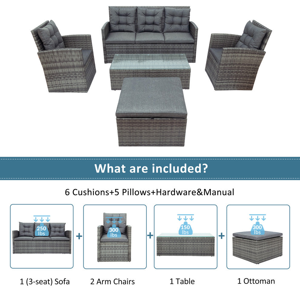 5 Pieces Outdoor Rattan Patio Sectional Sofa Set With Storage Bench