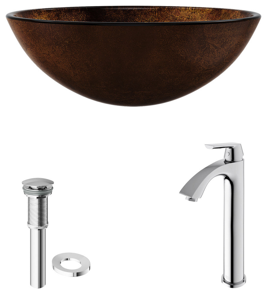 VIGO Brown and Gold Fusion Glass Vessel Sink and Faucet Set, Chrome