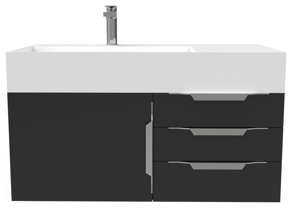CastelloUSA Amazon 36" Wall Mount Vanity Set, Black, White Top, Chrome Handles