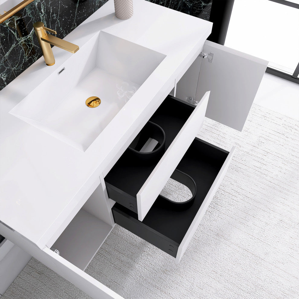Wall-Mounted Bathroom Vanity with Integrated Resin Sink, White, 48in.
