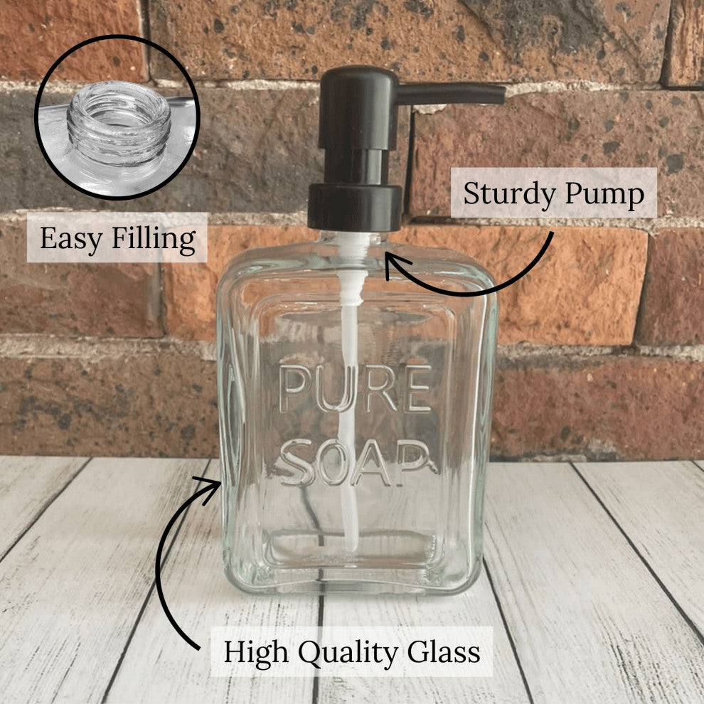 Vintage-Style Glass Soap Dispenser with PURE SOAP Design - 18 fl oz, Clear