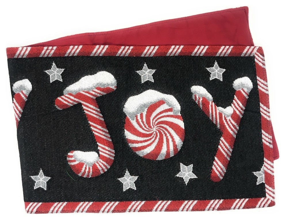 Peppermint Joy Table Runner, Holiday Red Black Stars Tapestry, 13" X 90"