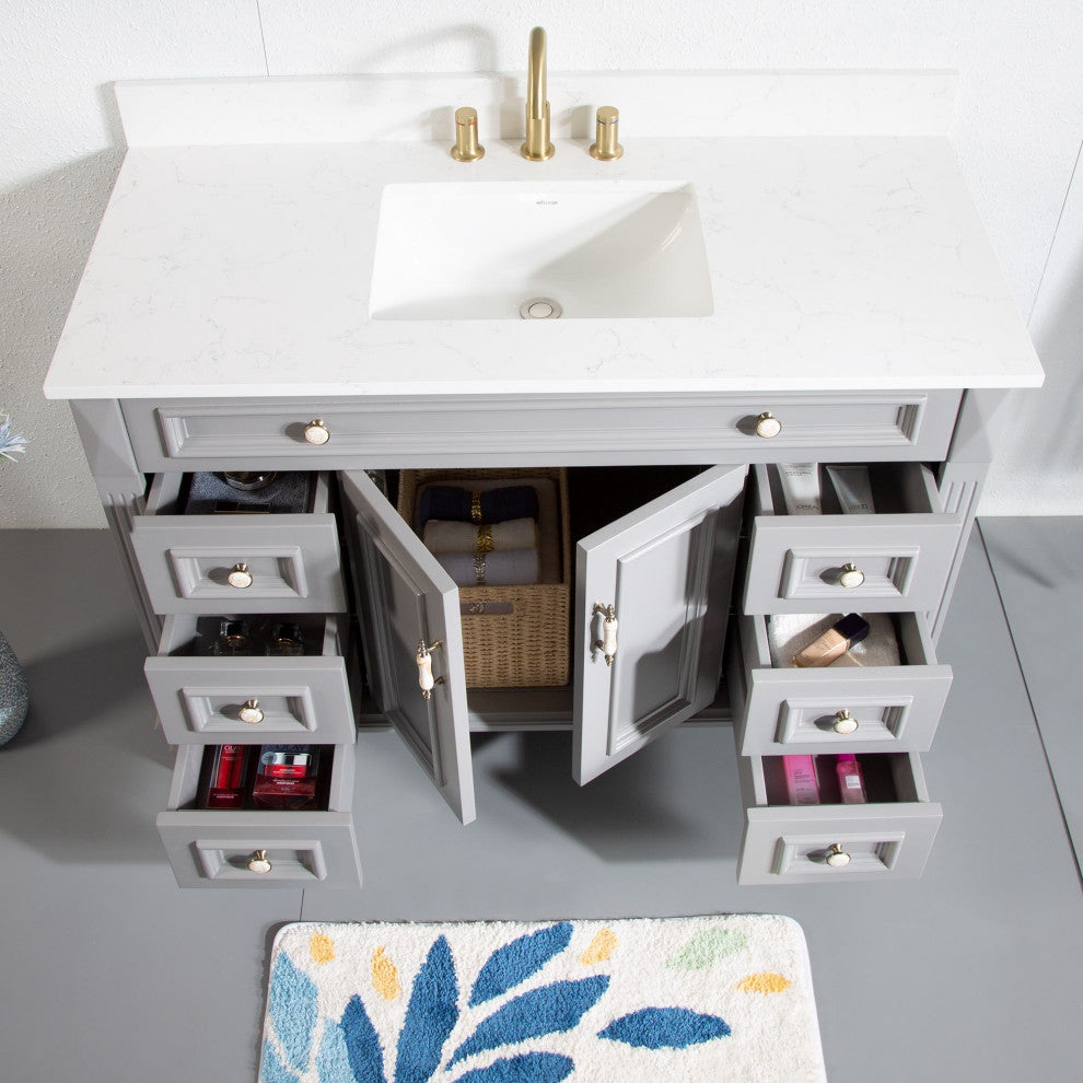 Solid Wood Bathroom Vanity with Quartz Top and cUPC Certified Sink, Titainum Grey, 48 Inch