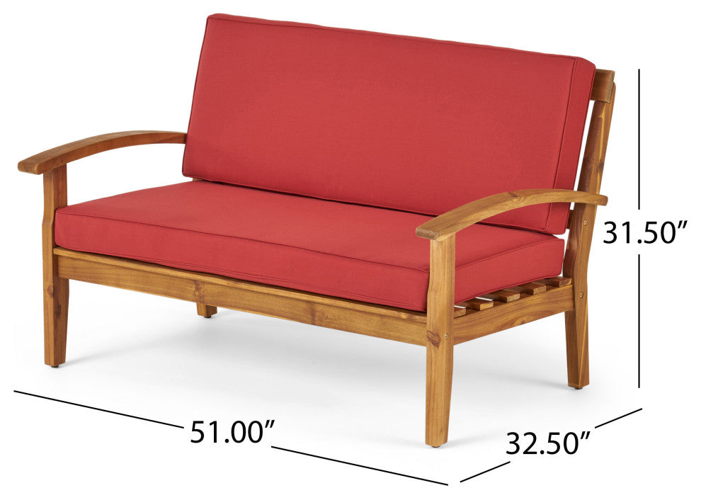 GDF Studio Keanu Outdoor Acacia Wood Loveseat and Coffee Table Set With Cushions, Red